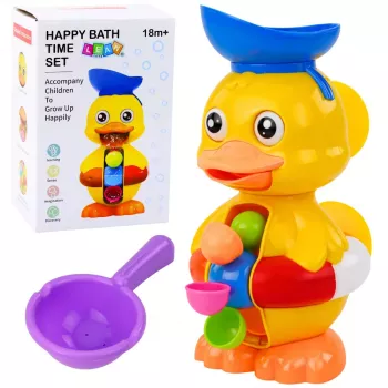 LEAN TOYS Interaktyvus vonios žaislas antis su malūnėliu, siurbtukais ir šaukšteliu