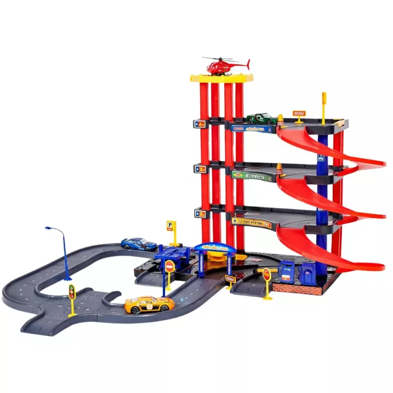 LEAN TOYS Daugiaaukštė automobilių stovėjimo aikštelė 4 lygiai su liftu, sraigtasparniu ir automobiliais 70 dalių