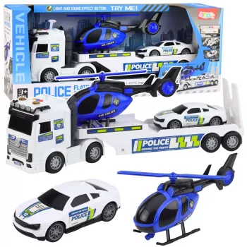 LEAN TOYS Policijos sunkvežimis, vilkikas, automobilis ir sraigtasparnis su šviesomis ir garsais