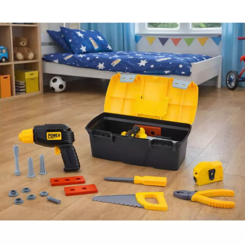 LEAN TOYS Įrankių rinkinys dėžutėje su baterijomis varomu atsuktuvu ir priedais, 23 vnt.