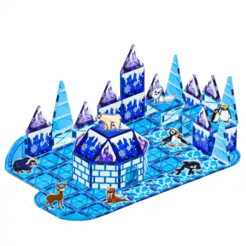 LEAN TOYS Magnetiniai blokeliai Ice Land su gyvūnų figūrėlėmis mėlyni 94 vnt.