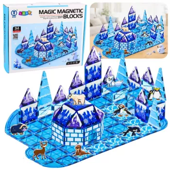 LEAN TOYS Magnetiniai blokeliai Ice Land su gyvūnų figūrėlėmis mėlyni 94 vnt.