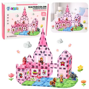 LEAN TOYS Magnetiniai blokeliai su figūrėlėmis, dažais, kortelėmis piešimui Rožiniai 80 vnt.