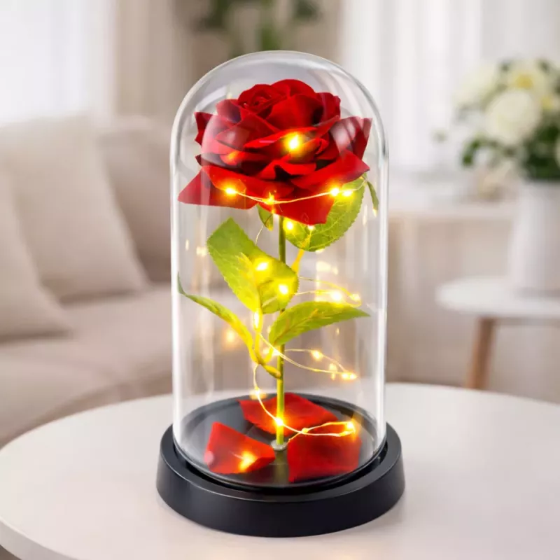LEAN Amžinoji rožė stikliniame kupole su LED apšvietimu Raudona 21,5 x 11 cm