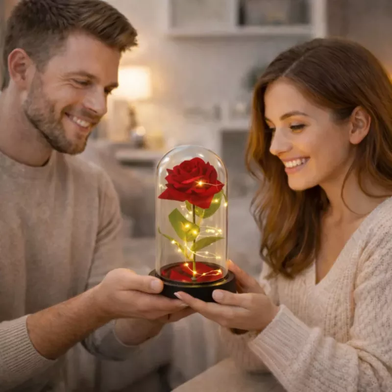 LEAN Amžinoji rožė stikliniame kupole su LED apšvietimu Raudona 21,5 x 11 cm