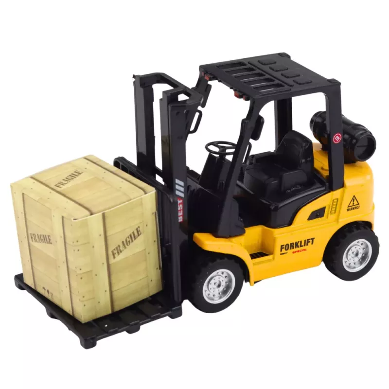 LEAN TOYS Šakinis krautuvas su motorizuotomis metalinėmis šakėmis dėžėms ir padėklams kelti, geltonas
