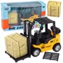 LEAN TOYS Šakinis krautuvas su motorizuotomis metalinėmis šakėmis dėžėms ir padėklams kelti, geltonas