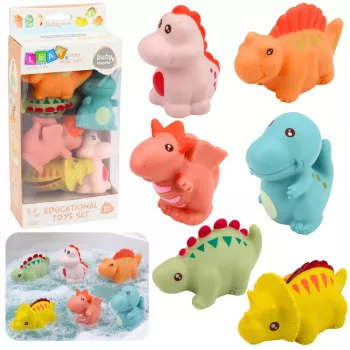 LEAN TOYS Edukacinių guminių dinozaurų rinkinys maudynėms, pasteliniai žaidimai, 6 vienetai