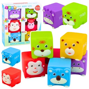 LEAN TOYS Minkštų guminių kaladėlių rinkinys Mokomieji Gyvūnėliai Spalvingi 6 vnt.
