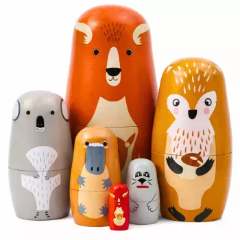 LEAN TOYS Medinių Matrioškų Lėlių Rinkinys Dėlionė Miško Gyvūnai 6 vnt.