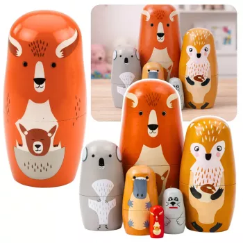 LEAN TOYS Medinių Matrioškų Lėlių Rinkinys Dėlionė Miško Gyvūnai 6 vnt.