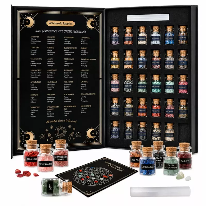 LEAN TOYS Rinkinys „Kristalai, mineralai ir brangakmeniai stiklainėliuose su knyga“ 30 vnt.
