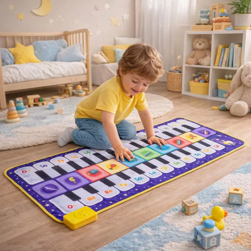 LEAN TOYS Muzikinis edukacinis šokių kilimėlis su pianinu Kosmosas 120 x 48 cm
