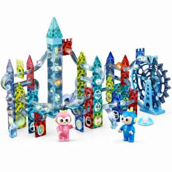 LEAN TOYS Magnetinių blokelių rinkinys su kamuoliukų trasa ir malūno ratu 118 dalių