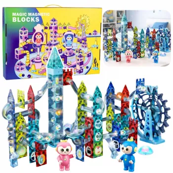 LEAN TOYS Magnetinių blokelių rinkinys su kamuoliukų trasa ir malūno ratu 118 dalių