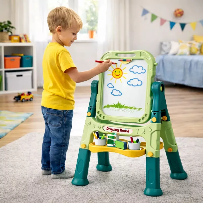 LEAN TOYS Dvipusė magnetinė sauso trynimo ir kreidinė lenta su magnetais ir kreidelėmis, 48 dalių