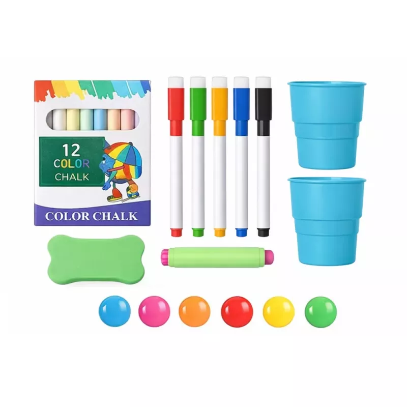 LEAN TOYS Dvipusė magnetinė sauso trynimo ir kreidinė lenta su magnetais ir kreidelėmis, 48 dalių