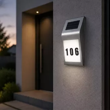 LEAN Solar LED sieninis šviestuvas su namo numerio apšvietimu, nerūdijantis plienas