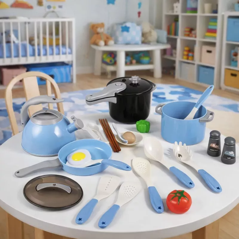 LEAN TOYS Virtuvės indų rinkinys Puodai Keptuvė Virdulys Priedai Mėlyna 32 vnt.