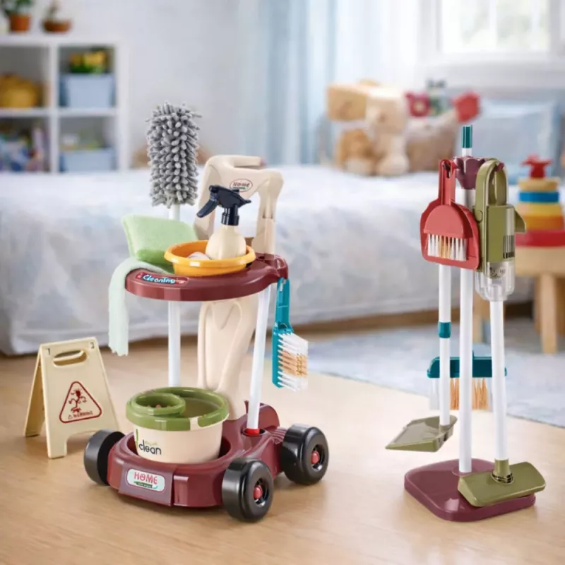 LEAN TOYS Vaikiškas valymo rinkinys su vežimėliu, šluota, kibiru ir dulkių siurbliu, 26 dalių