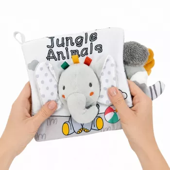 LEAN TOYS Minkštas sensorinis knygelė su ošiančiu ir cypsančiu drambliuku, pilka