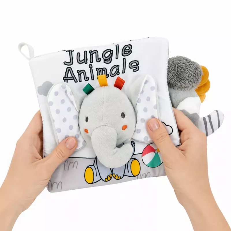 LEAN TOYS Minkštas sensorinis knygelė su ošiančiu ir cypsančiu drambliuku, pilka