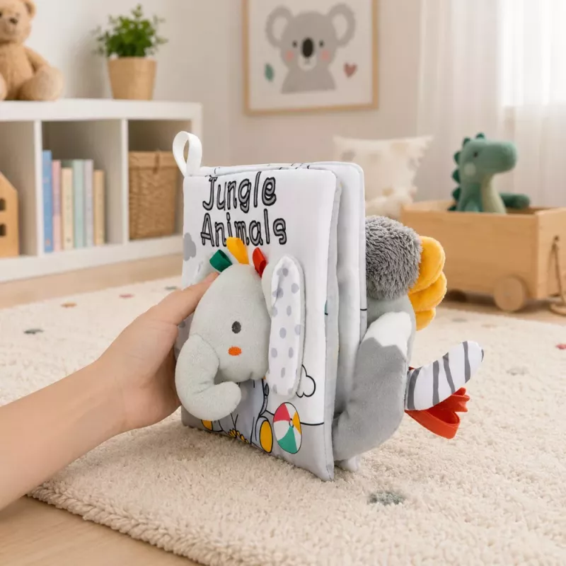 LEAN TOYS Minkštas sensorinis knygelė su ošiančiu ir cypsančiu drambliuku, pilka