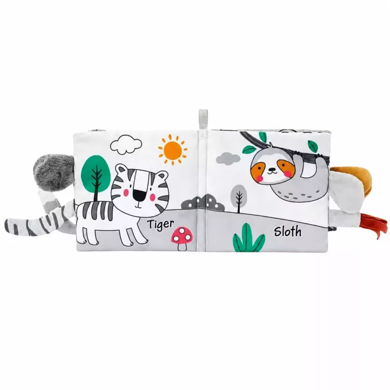 LEAN TOYS Minkštas sensorinis knygelė su ošiančiu ir cypsančiu drambliuku, pilka
