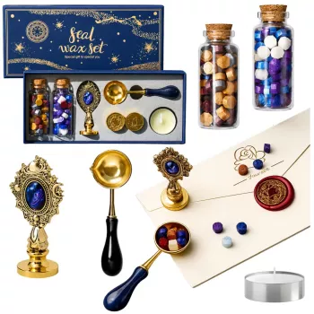 LEAN TOYS vaško antspaudų rinkinys „Wax Seal Set“ – 6 dalių komplektas su žalvariniu antspaudu, lydymo šaukšteliu, vaško lazdelėmis ir žvakute