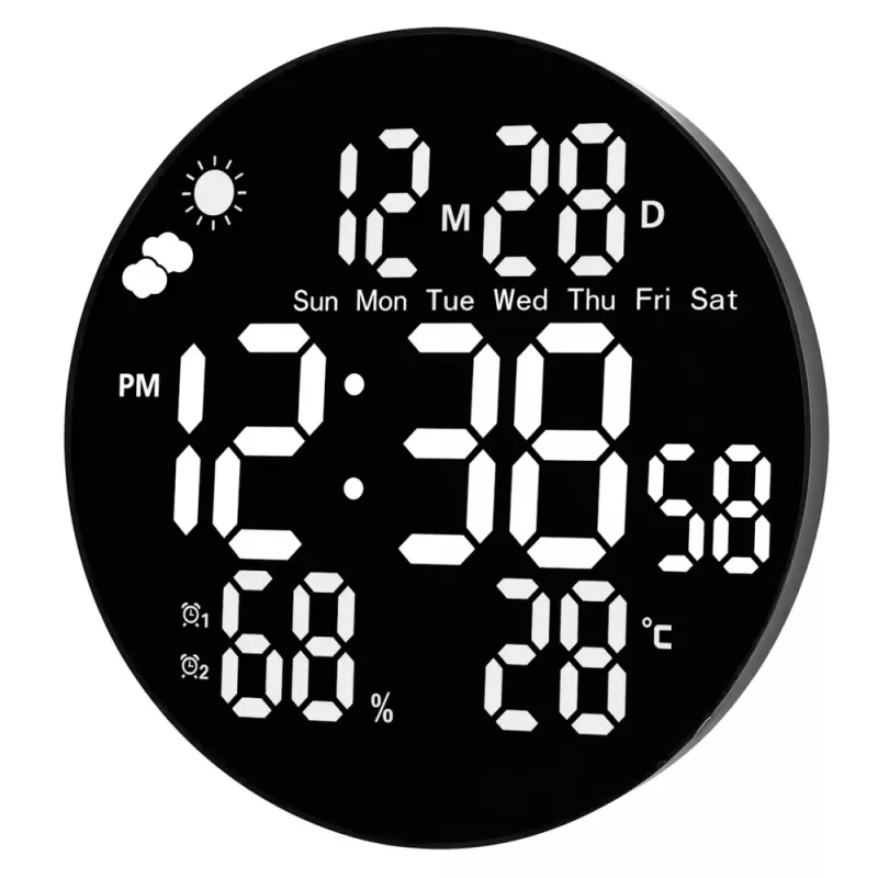 LEAN Digital LED Wall Clock Date Temperature Humidity Alarm Remote Control 25 cm