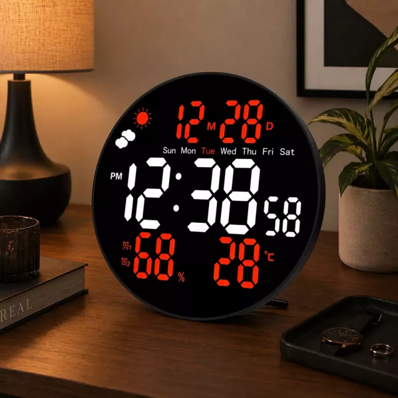 LEAN Digital LED Wall Clock Date Temperature Humidity Alarm Remote Control 25 cm