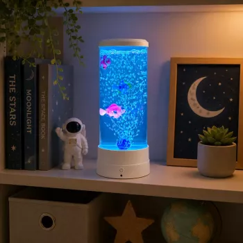 LEAN Dekoratyvinė naktinė lemputė LED RGB akvariumas su žuvytėmis 16 spalvų USB balta
