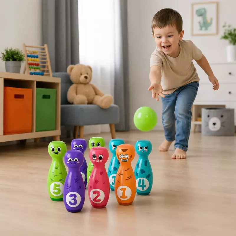 LEAN TOYS Boulingas su šypsenėlėmis – lavinamasis žaidimas vaikams, sportiniai įgūdžiai, 10 vnt.