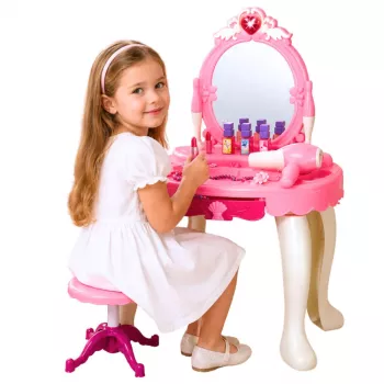 LEAN TOYS Vaikiškas tualetinis staliukas su kėdute, šviesomis, džiovintuvu, aksesuarais, garsais, rožinis