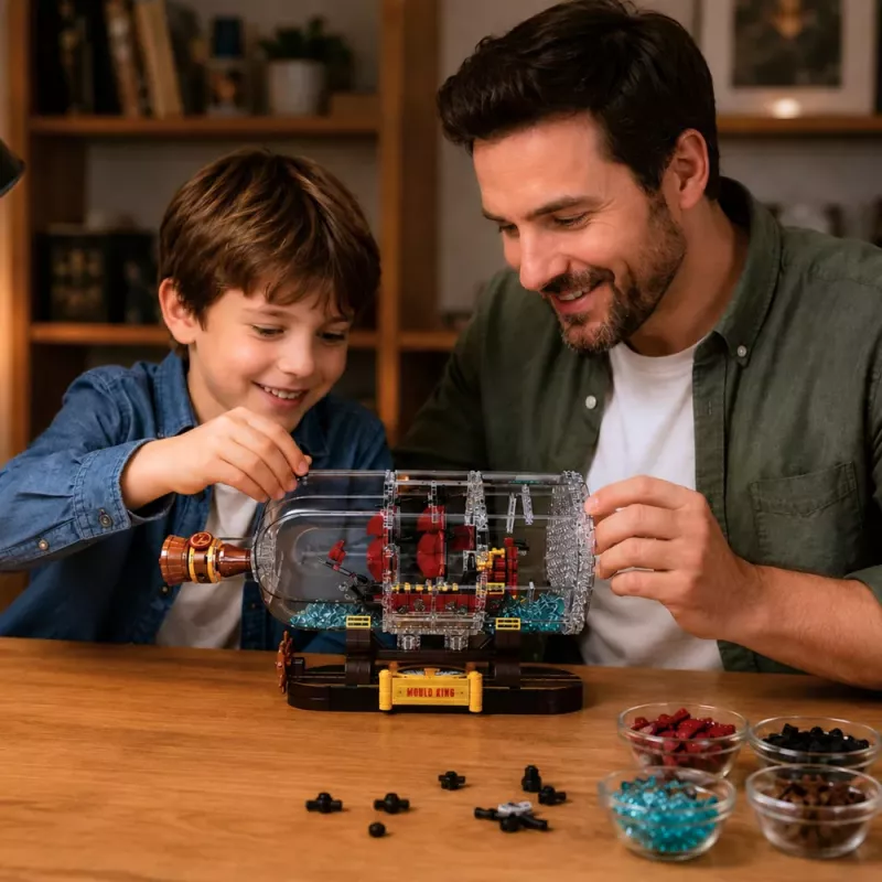 LEAN TOYS Laivas butelyje Konstrukciniai blokeliai Dekoratyvinis burlaivis Rudas 885 vnt.