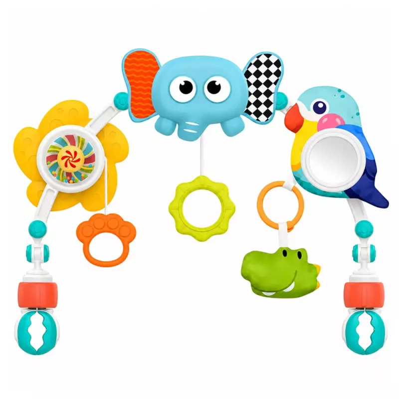 LEAN TOYS Sensorinis lankas su drambliuku lovytei, automobilio kėdutei, vežimėliui, veidrodėliu, barškučiu