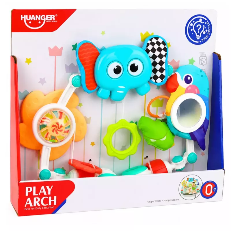 LEAN TOYS Sensorinis lankas su drambliuku lovytei, automobilio kėdutei, vežimėliui, veidrodėliu, barškučiu