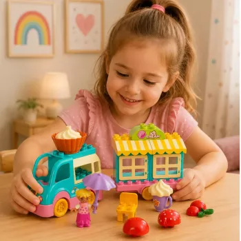 LEAN TOYS Ice Cream Shop Car With Motorized Girl Figure Desserts Blocks Set