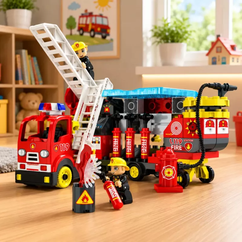 LEAN TOYS Sulankstomas gaisrinės automobilio konstravimo rinkinys su ugniagesių figūrėlėmis, šviesomis ir garsais, 94 detalės