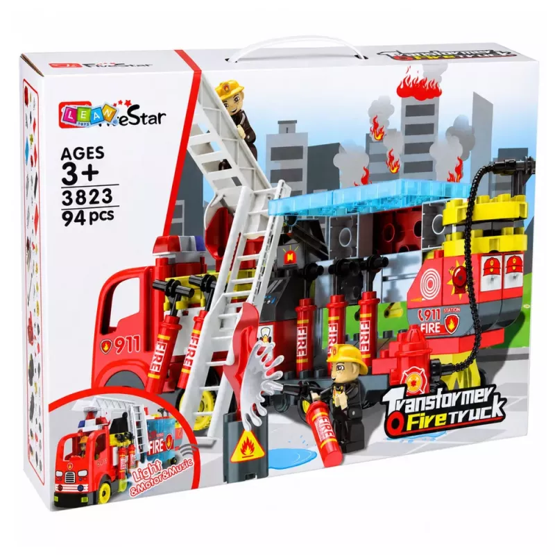 LEAN TOYS Sulankstomas gaisrinės automobilio konstravimo rinkinys su ugniagesių figūrėlėmis, šviesomis ir garsais, 94 detalės