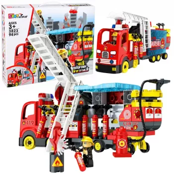 LEAN TOYS Sulankstomas gaisrinės automobilio konstravimo rinkinys su ugniagesių figūrėlėmis, šviesomis ir garsais, 94 detalės