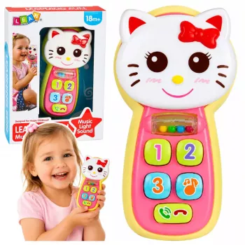 LEAN TOYS Interaktyvus Kūdikio Telefonas Kačiukas Veidrodis Barškutis Šviesa Garsas