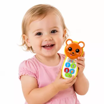 LEAN TOYS Interaktyvus meškiukas-telefonas su veidrodėliu, barškučiu, šviesomis ir garsais