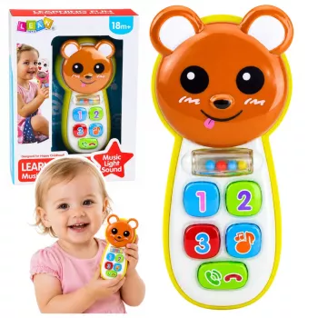 LEAN TOYS Interaktyvus meškiukas-telefonas su veidrodėliu, barškučiu, šviesomis ir garsais