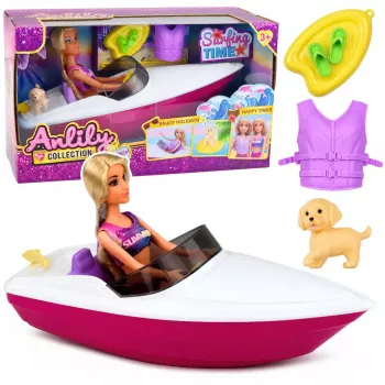 LEAN TOYS Anlily Lėlė su Motorine Valtele, Šuniuku, Gelbėjimosi Liemene ir Priedais