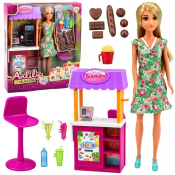 LEAN TOYS Anlily Lėlė Pardavėja su Gėrimų ir Užkandžių Stendu bei Aksesuarų Rinkiniu