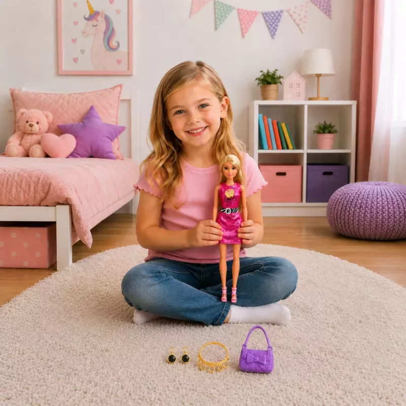 LEAN TOYS Anlily lėlė su rožine suknele, rankine, papuošalais ir aksesuarais