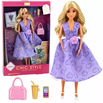 LEAN TOYS Anlily Fashion Doll in Purple Dress with Hearts and Purse Accessories Set