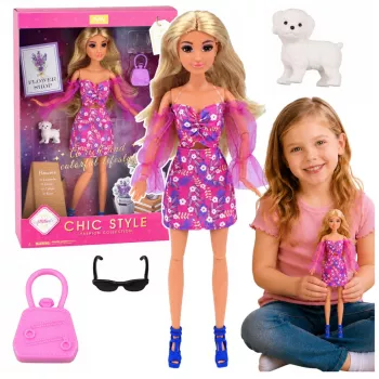 LEAN TOYS Anlily mados lėlė su rožine suknele, baltu šuneliu, rankine ir akiniais