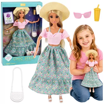 LEAN TOYS Anlily mados lėlė su sijonu, kepure, rankine, puodeliu ir aksesuarais